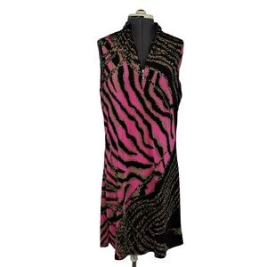 DKNY Sleeveless Dress A Line sz M Neon Animal Print Jersey Zipper Sportswear